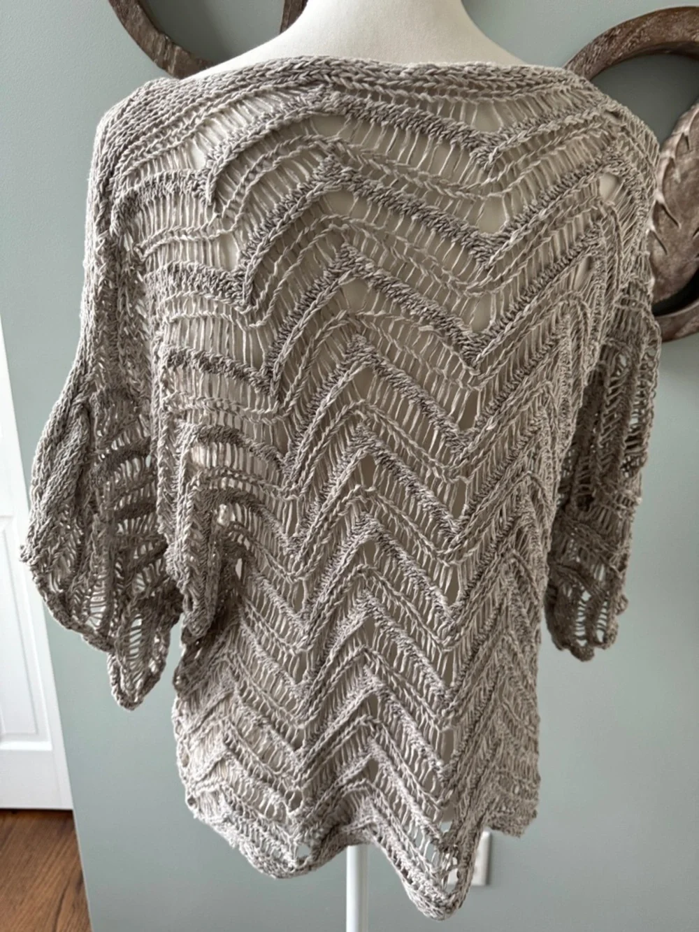 Eileen Fisher Open-Knit Chevron Scoop Neck Sweater - Taupe Grayish Size XL